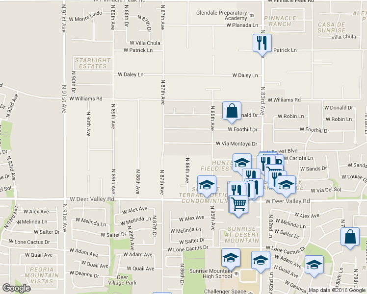 map of restaurants, bars, coffee shops, grocery stores, and more near 8611 West Via Montoya Drive in Peoria