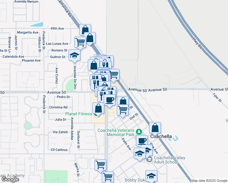 map of restaurants, bars, coffee shops, grocery stores, and more near 85000 Avenue 50 in Coachella