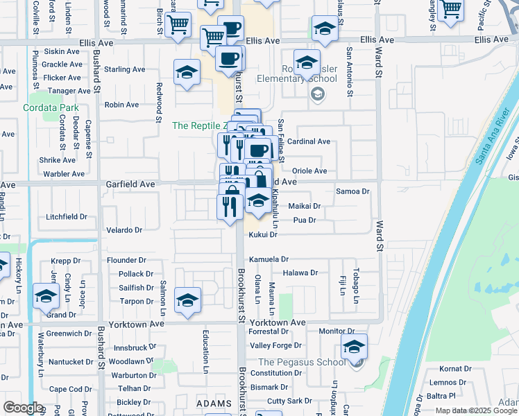 map of restaurants, bars, coffee shops, grocery stores, and more near 19080 Brookhurst Street in Huntington Beach