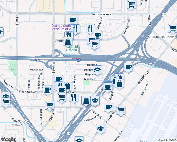 map of restaurants, bars, coffee shops, grocery stores, and more near 553 Sturgeon Drive in Costa Mesa