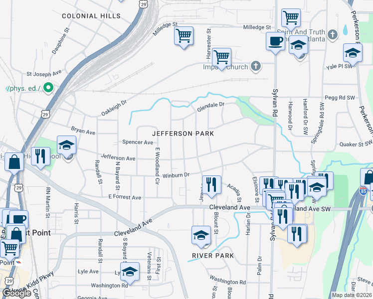 map of restaurants, bars, coffee shops, grocery stores, and more near 2546 Batavia Street in East Point
