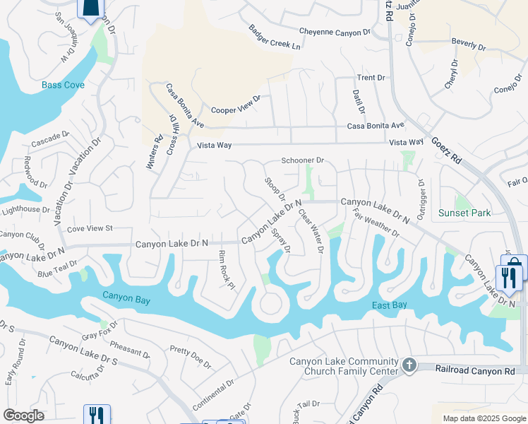 map of restaurants, bars, coffee shops, grocery stores, and more near 29914 Gulf Stream Drive in Canyon Lake