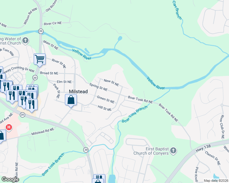 map of restaurants, bars, coffee shops, grocery stores, and more near 1802 Spring Street Northeast in Conyers