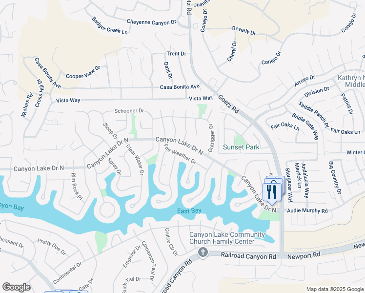 map of restaurants, bars, coffee shops, grocery stores, and more near 23849 Canyon Lake Drive North in Canyon Lake