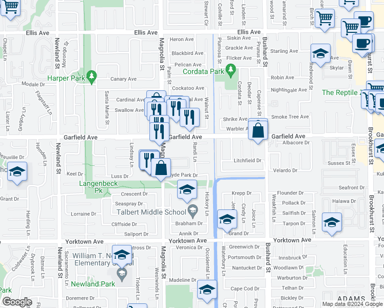 map of restaurants, bars, coffee shops, grocery stores, and more near 19071 Randi Lane in Huntington Beach
