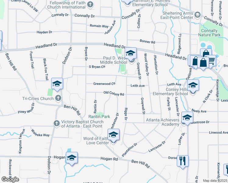 map of restaurants, bars, coffee shops, grocery stores, and more near 2457 Old Colony Road in East Point