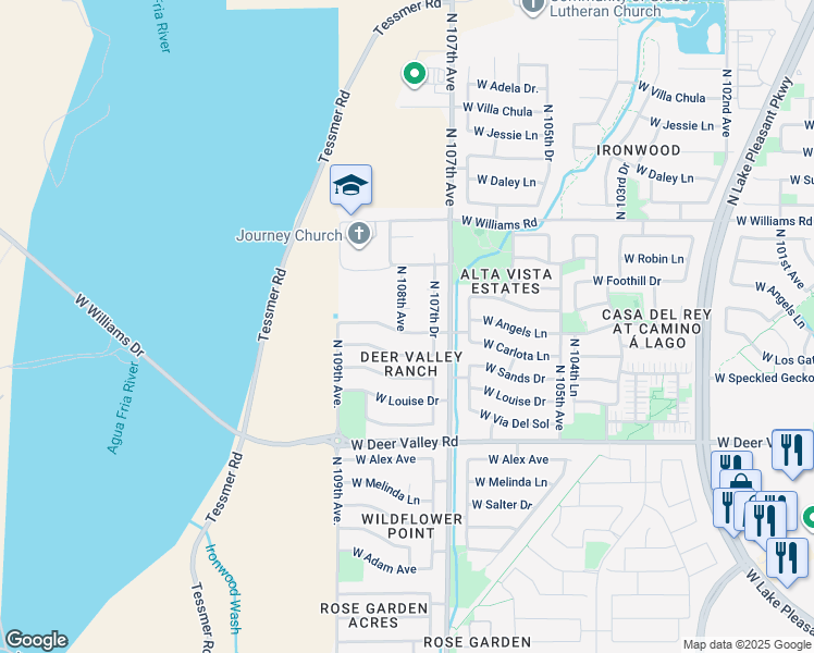 map of restaurants, bars, coffee shops, grocery stores, and more near 10782 West Angels Lane in Sun City