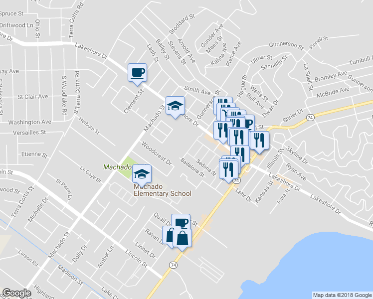 map of restaurants, bars, coffee shops, grocery stores, and more near 31001 Sedona Street in Lake Elsinore
