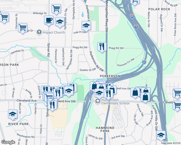 map of restaurants, bars, coffee shops, grocery stores, and more near 688 Quaker St SW in Atlanta