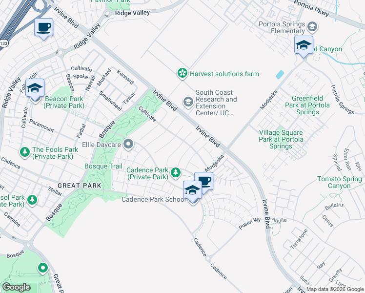 map of restaurants, bars, coffee shops, grocery stores, and more near 116 Drama in Irvine