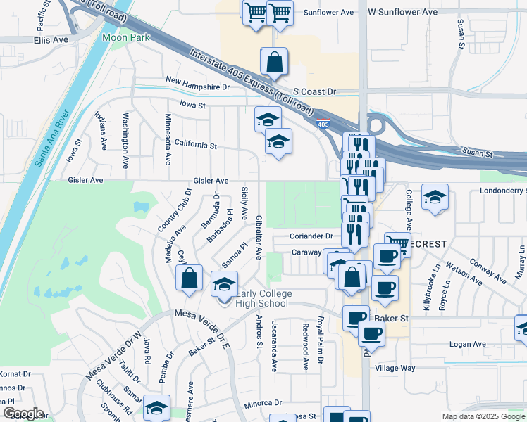 map of restaurants, bars, coffee shops, grocery stores, and more near 3160 Gibraltar Avenue in Costa Mesa