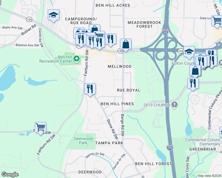 map of restaurants, bars, coffee shops, grocery stores, and more near 2543 Susan Lane Southwest in Atlanta