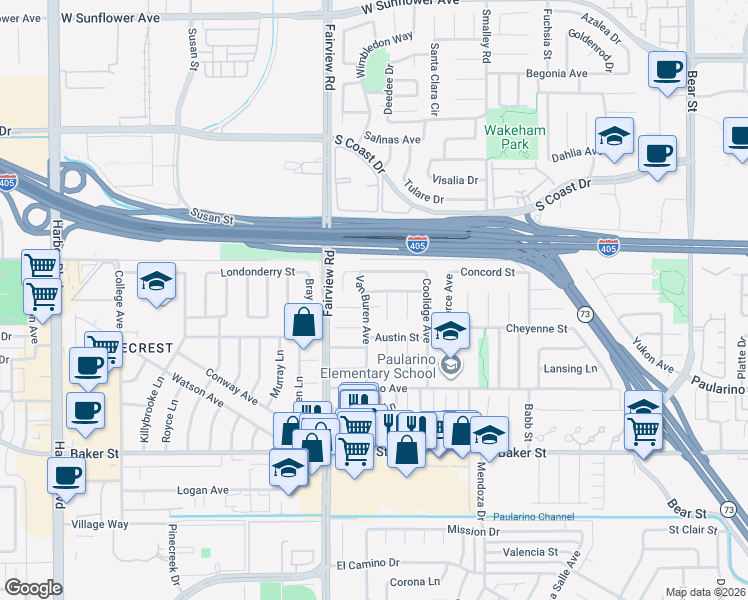 map of restaurants, bars, coffee shops, grocery stores, and more near 3120 Van Buren Avenue in Costa Mesa