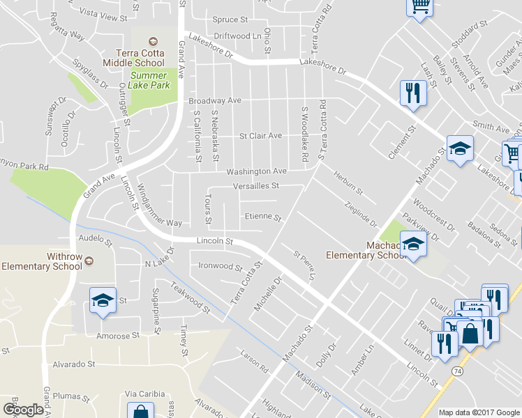map of restaurants, bars, coffee shops, grocery stores, and more near 15158 Etienne Street in Lake Elsinore