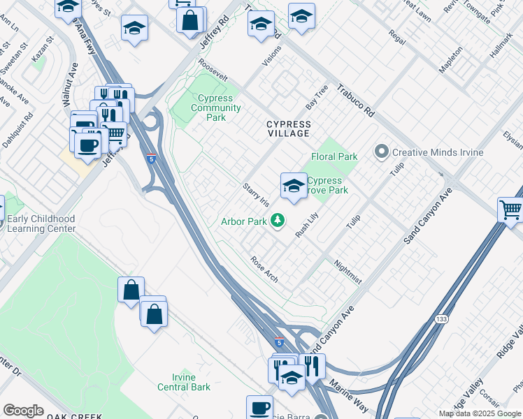 map of restaurants, bars, coffee shops, grocery stores, and more near 119 Strawberry Grove in Irvine