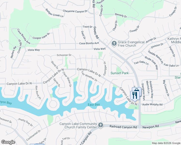 map of restaurants, bars, coffee shops, grocery stores, and more near 23849 Canyon Lake Drive North in Canyon Lake