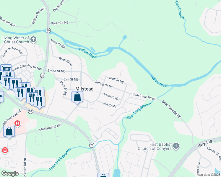 map of restaurants, bars, coffee shops, grocery stores, and more near 1765 Spring Street Northeast in Conyers