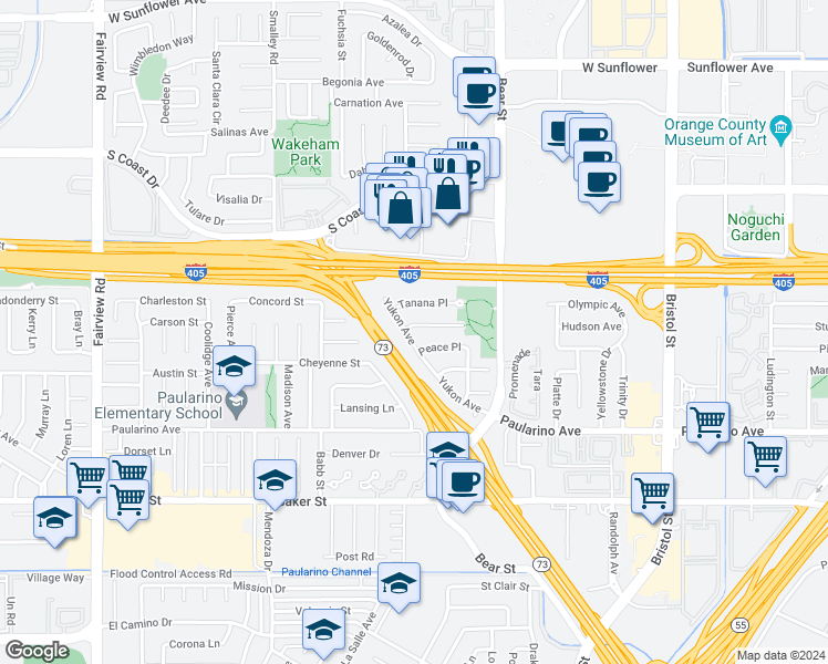 map of restaurants, bars, coffee shops, grocery stores, and more near 3128 Yukon Avenue in Costa Mesa