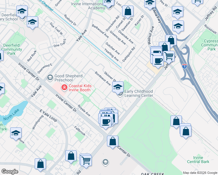 map of restaurants, bars, coffee shops, grocery stores, and more near 15182 Chalon Circle in Irvine
