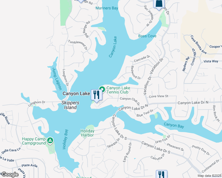 map of restaurants, bars, coffee shops, grocery stores, and more near 22378 Canyon Club Drive in Canyon Lake