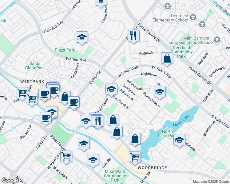 map of restaurants, bars, coffee shops, grocery stores, and more near in Irvine