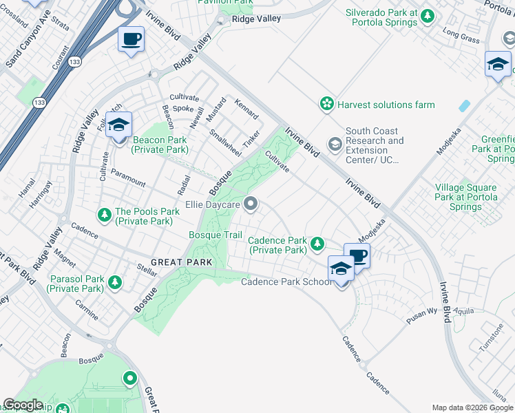 map of restaurants, bars, coffee shops, grocery stores, and more near 111 Pitch in Irvine