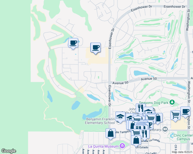 map of restaurants, bars, coffee shops, grocery stores, and more near 49840 Calle Estrella in La Quinta