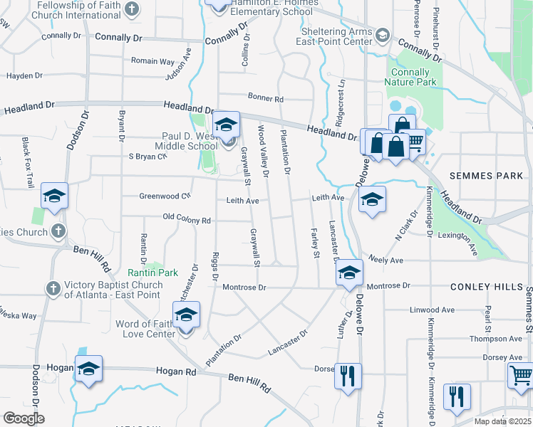 map of restaurants, bars, coffee shops, grocery stores, and more near 2559 Wood Valley Drive in East Point