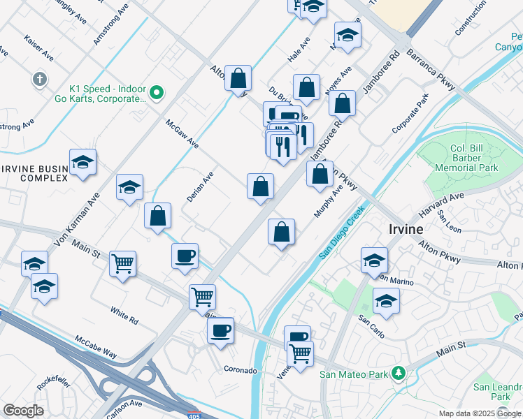 map of restaurants, bars, coffee shops, grocery stores, and more near 2712 McGaw Avenue in Irvine