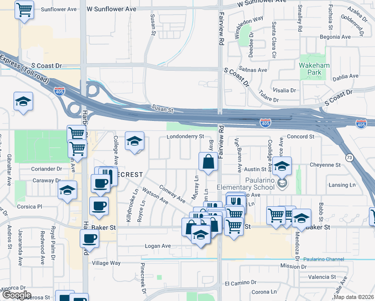 map of restaurants, bars, coffee shops, grocery stores, and more near 3137 Kerry Lane in Costa Mesa