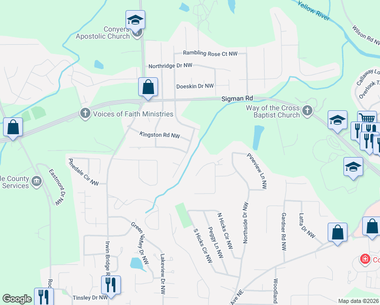 map of restaurants, bars, coffee shops, grocery stores, and more near 1558 Tanglewood Way Northwest in Conyers