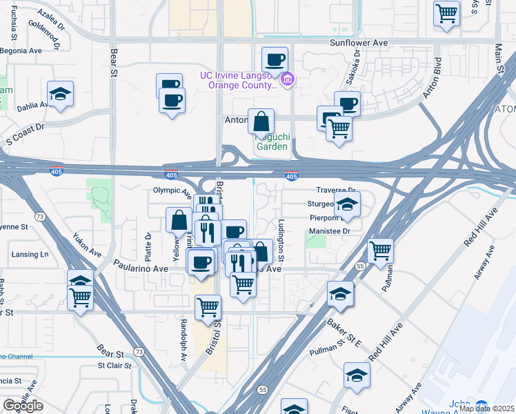 map of restaurants, bars, coffee shops, grocery stores, and more near 642 Whitney Way in Costa Mesa