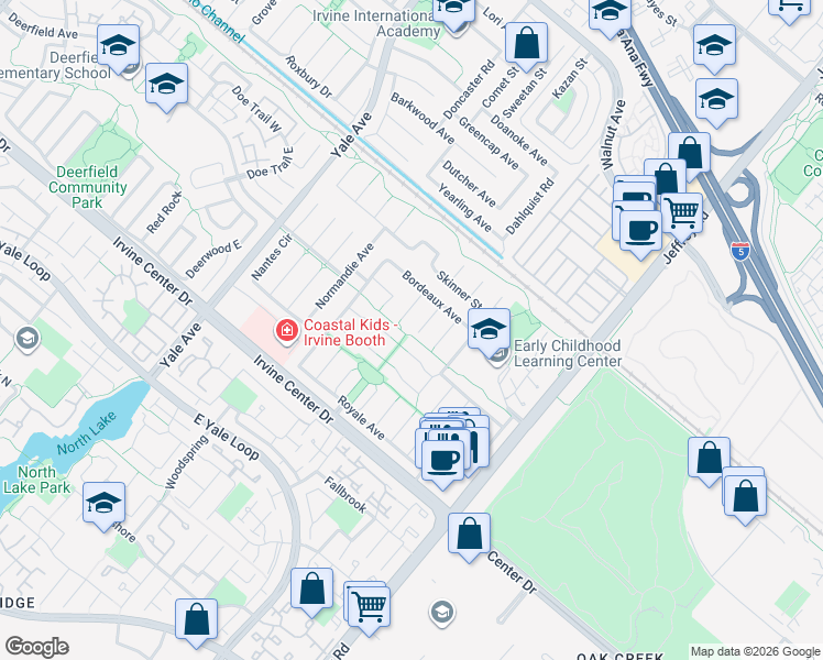 map of restaurants, bars, coffee shops, grocery stores, and more near 15241 Lille Circle in Irvine