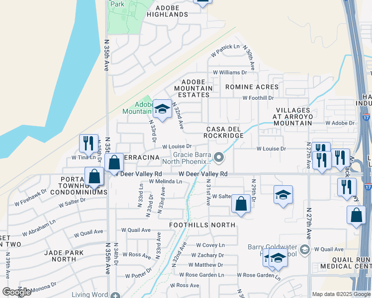 map of restaurants, bars, coffee shops, grocery stores, and more near 3201 West Louise Drive in Phoenix