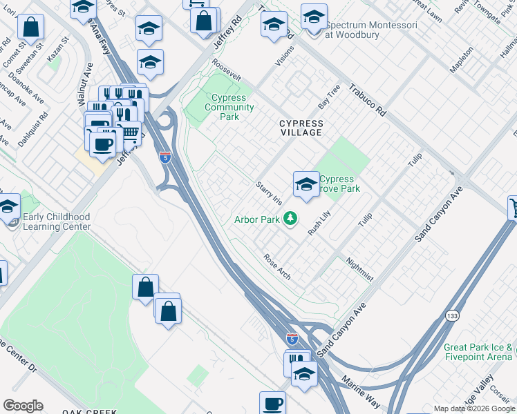 map of restaurants, bars, coffee shops, grocery stores, and more near 70 Strawberry Grove in Irvine