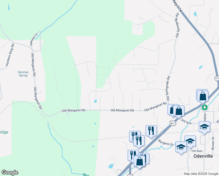 map of restaurants, bars, coffee shops, grocery stores, and more near 305 Pine Ridge Drive in Odenville