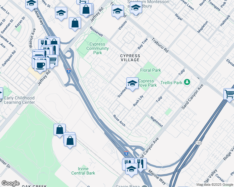map of restaurants, bars, coffee shops, grocery stores, and more near 119 Strawberry Grove in Irvine