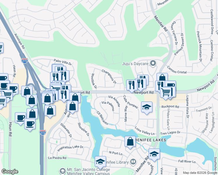 map of restaurants, bars, coffee shops, grocery stores, and more near 28550 Broadstone Way in Menifee