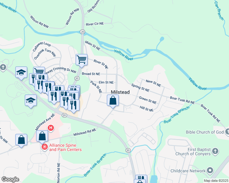 map of restaurants, bars, coffee shops, grocery stores, and more near 1634 Church Street Northeast in Conyers
