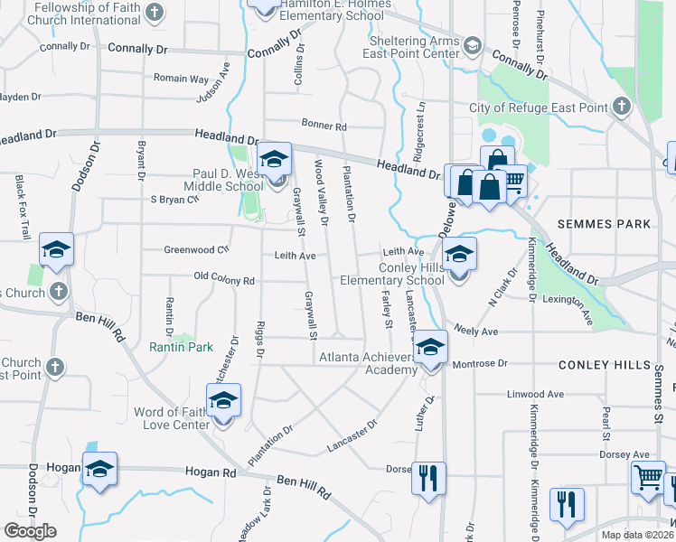 map of restaurants, bars, coffee shops, grocery stores, and more near 2557 Plantation Drive in East Point