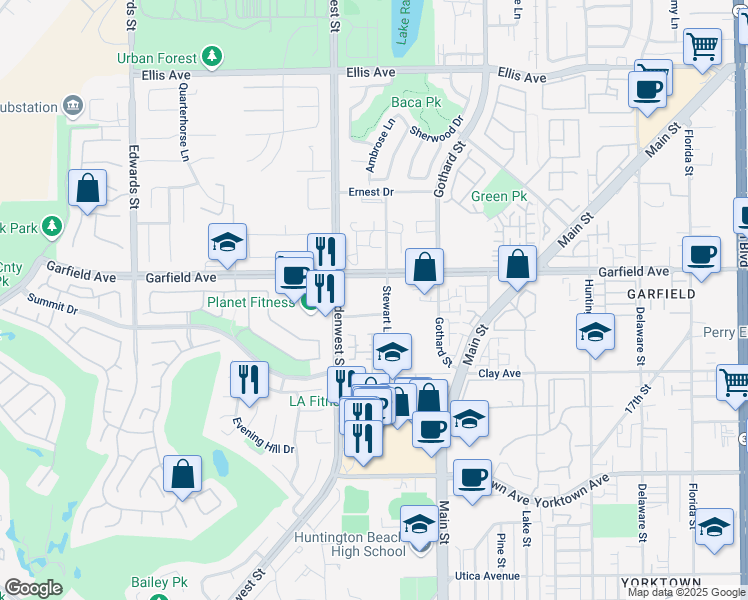 map of restaurants, bars, coffee shops, grocery stores, and more near 19061 Stewart Lane in Huntington Beach