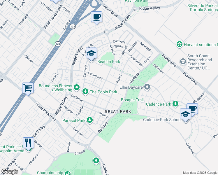 map of restaurants, bars, coffee shops, grocery stores, and more near 124 Cruiser in Irvine