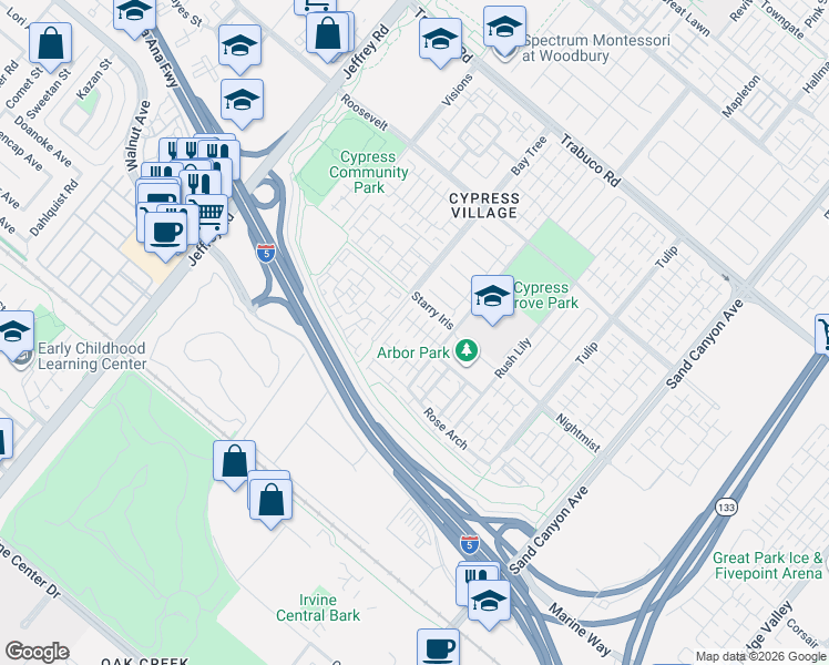 map of restaurants, bars, coffee shops, grocery stores, and more near 74 Strawberry Grove in Irvine