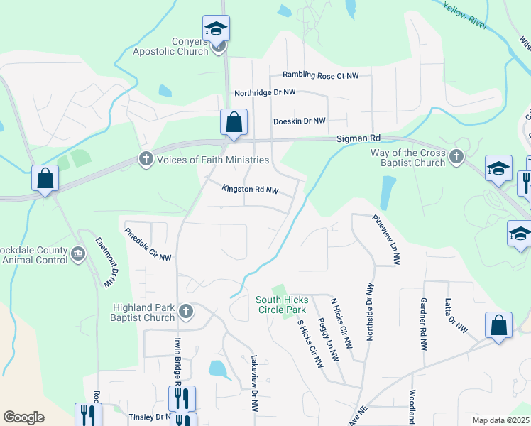 map of restaurants, bars, coffee shops, grocery stores, and more near 961 Meadowbrook Lane Northwest in Conyers