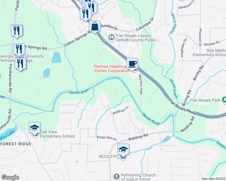 map of restaurants, bars, coffee shops, grocery stores, and more near 3331 Waldrop Trail in Decatur
