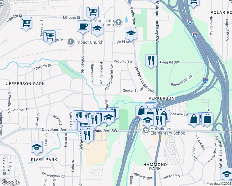 map of restaurants, bars, coffee shops, grocery stores, and more near 760 Jefferson Avenue Southwest in Atlanta