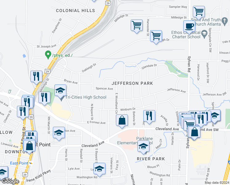 map of restaurants, bars, coffee shops, grocery stores, and more near 2545 East Woodland Circle in East Point