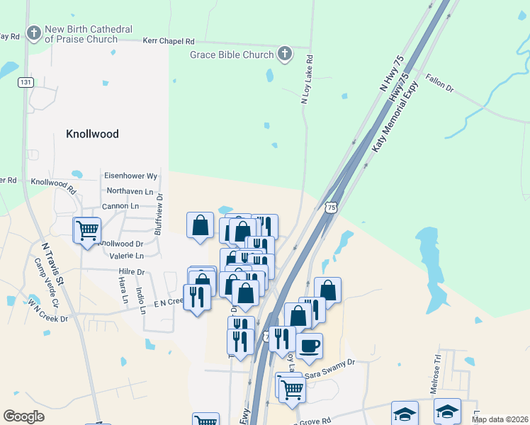 map of restaurants, bars, coffee shops, grocery stores, and more near 4320 Loy Lake Road in Sherman