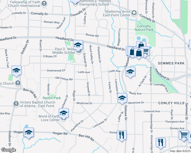 map of restaurants, bars, coffee shops, grocery stores, and more near 2559 Wood Valley Drive in East Point