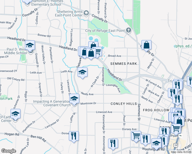 map of restaurants, bars, coffee shops, grocery stores, and more near 2545 North Clark Drive in East Point